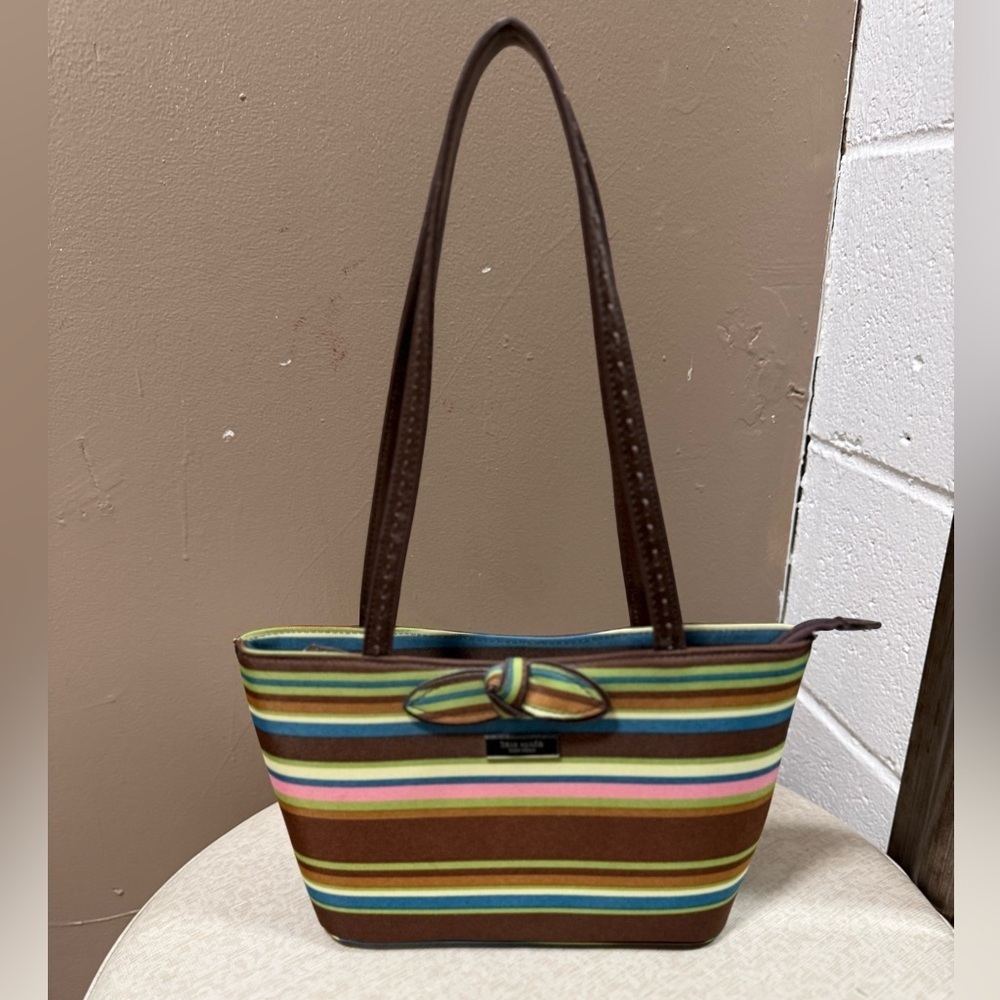 Kate Spade Striped Canvas Tote Bag Brown Multi Bow w/ Feet